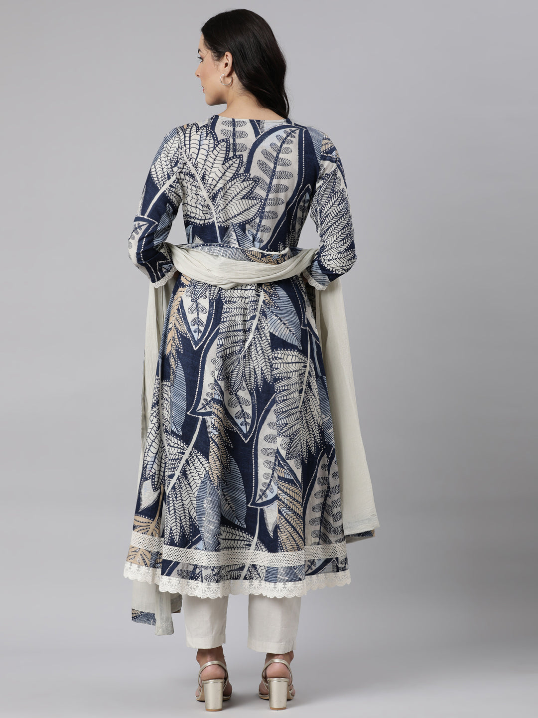 Neerus Blue Panelled Straight Printed Kurta And Trousers With Dupatta