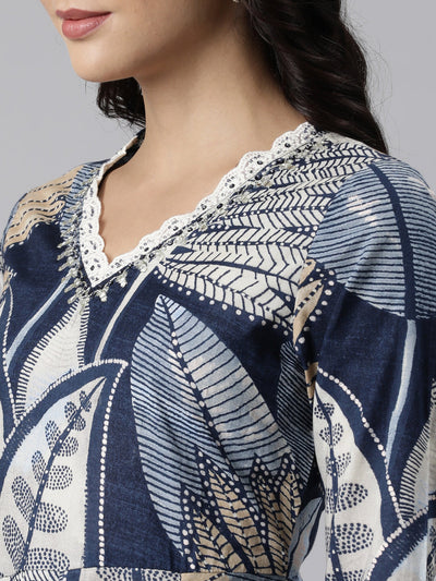 Neerus Blue Panelled Straight Printed Kurta And Trousers With Dupatta