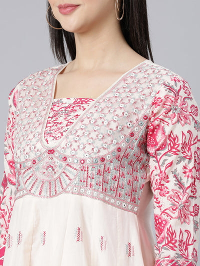 Neerus Off White Panelled Yoke Design Kurta And Trousers With Dupatta