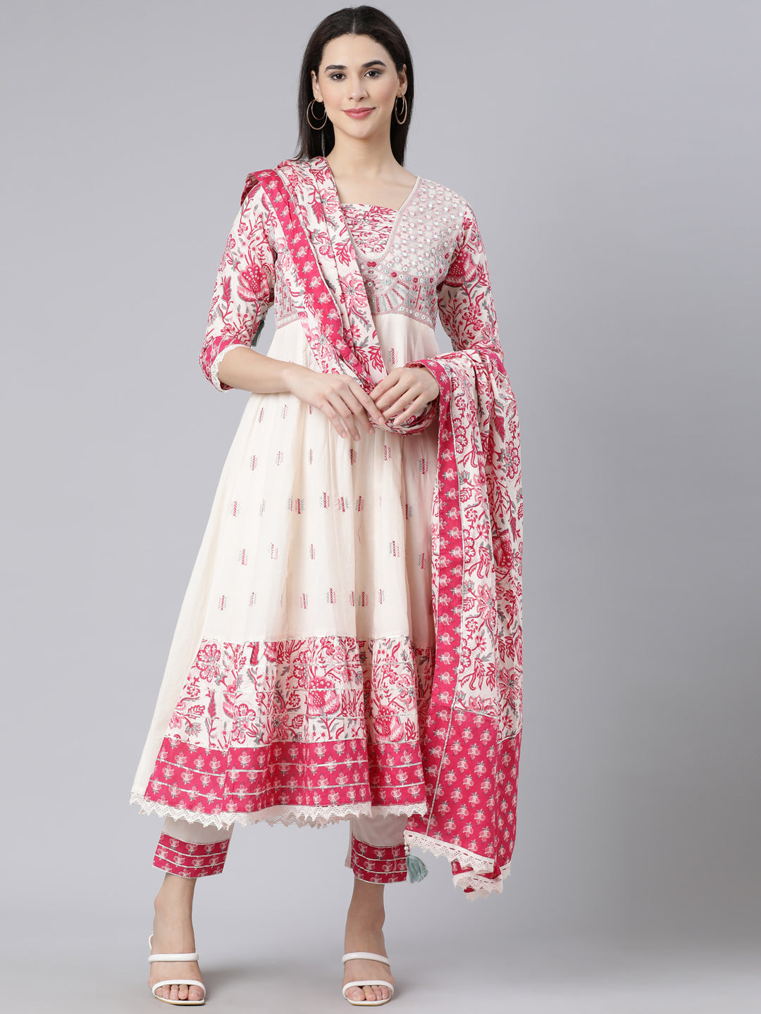 Neerus Off White Panelled Yoke Design Kurta And Trousers With Dupatta