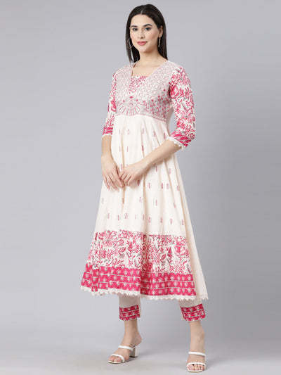 Neerus Off White Panelled Yoke Design Kurta And Trousers With Dupatta