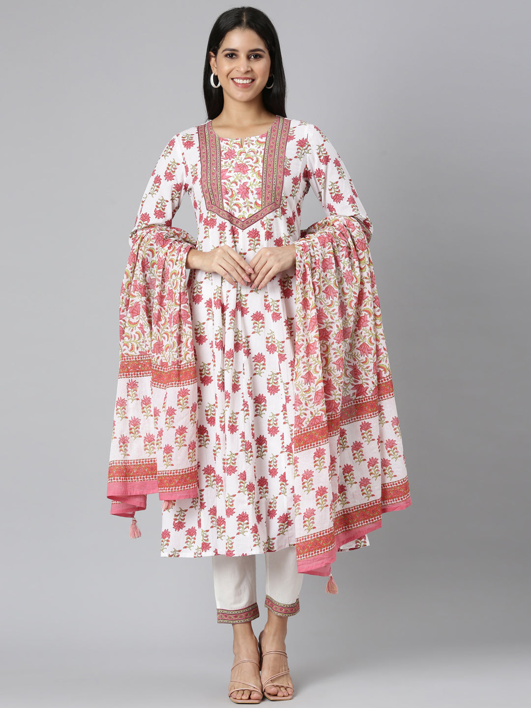 Neerus Pink Panelled Straight Solid Kurta and Trousers With Dupatta