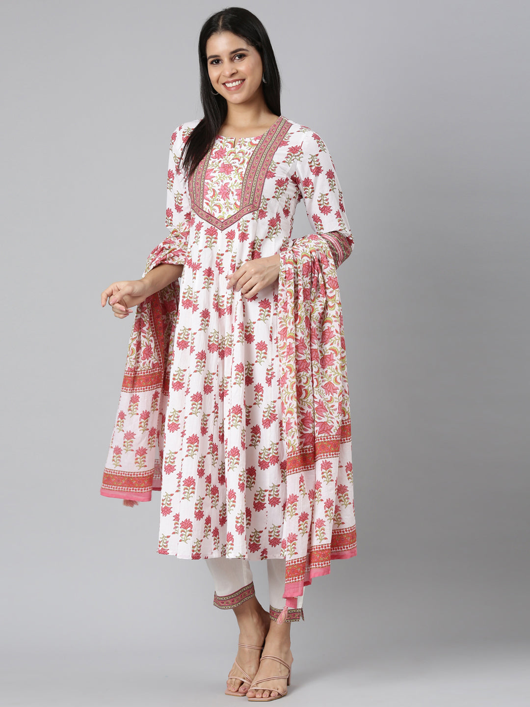 Neerus Pink Panelled Straight Solid Kurta and Trousers With Dupatta