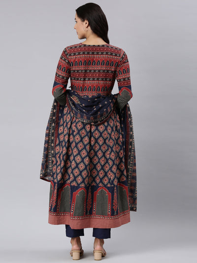 Neerus Navy Blue Panelled Printed Kurta And Trousers With Dupatta