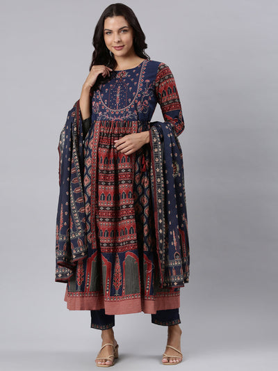 Neerus Navy Blue Panelled Printed Kurta And Trousers With Dupatta