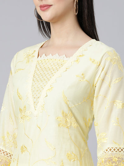 Neerus Yellow Panelled Straight Yoke Design Kurta And Trousers With Dupatta