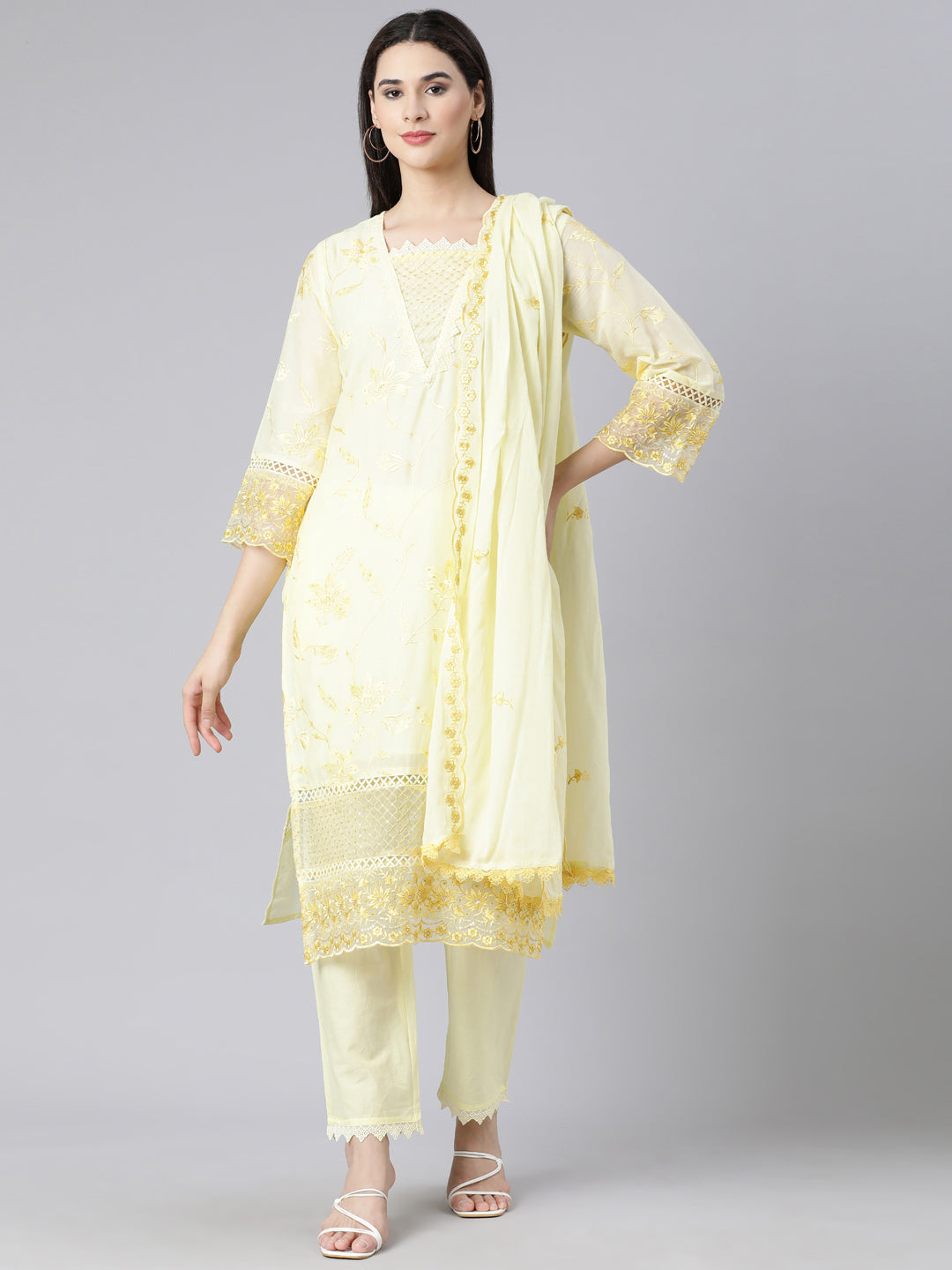 Neerus Yellow Panelled Straight Yoke Design Kurta And Trousers With Dupatta