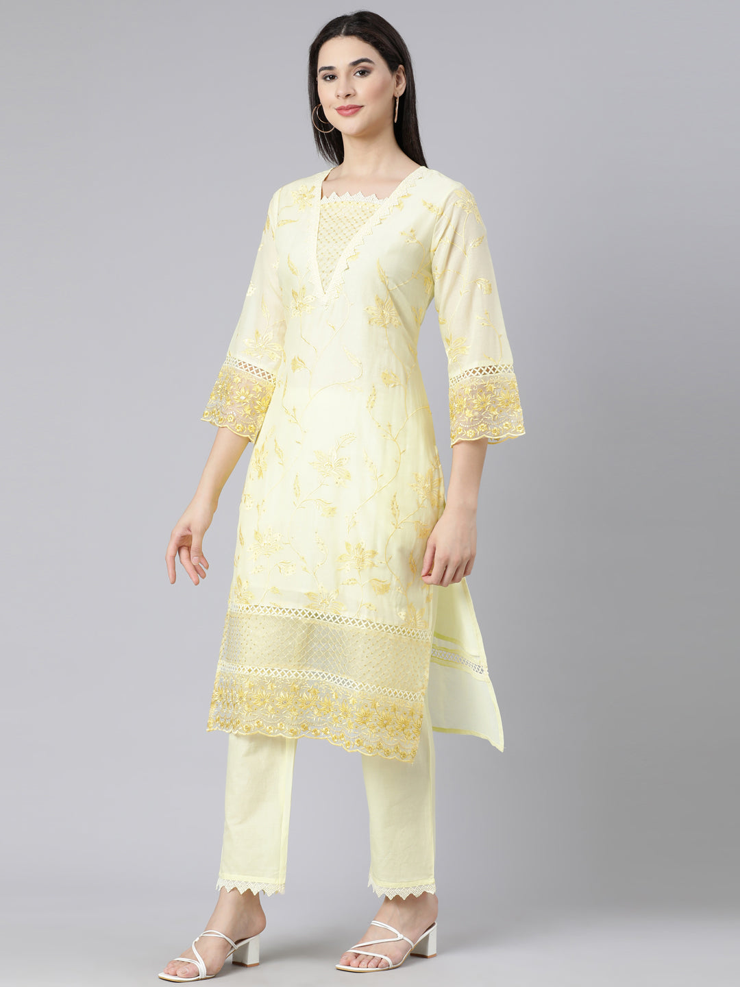 Neerus Yellow Panelled Straight Yoke Design Kurta And Trousers With Dupatta