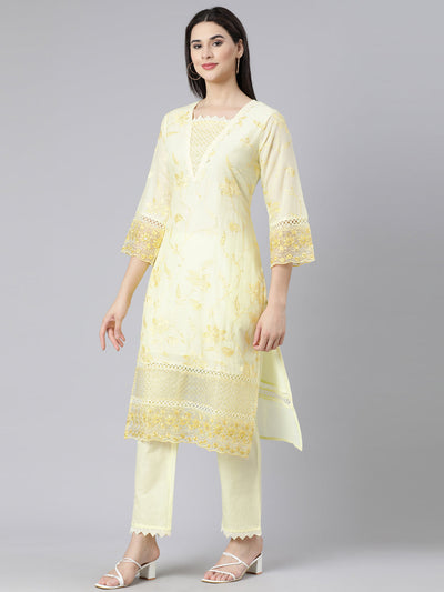 Neerus Yellow Panelled Straight Yoke Design Kurta And Trousers With Dupatta