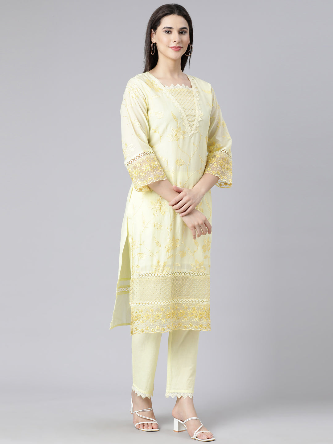 Neerus Yellow Panelled Straight Yoke Design Kurta And Trousers With Dupatta