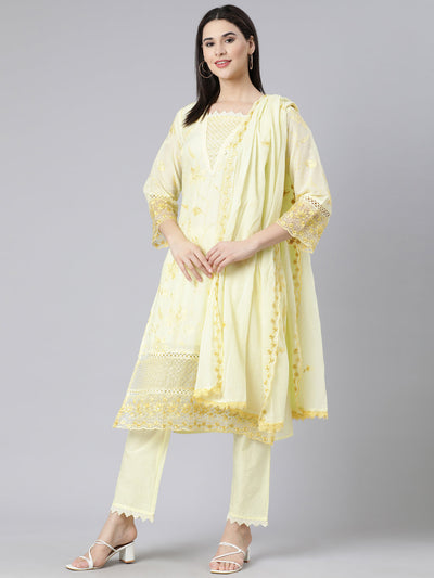 Neerus Yellow Panelled Straight Yoke Design Kurta And Trousers With Dupatta