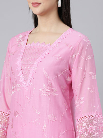 Neerus Pink Panelled Straight Yoke Design Kurta And Trousers With Dupatta