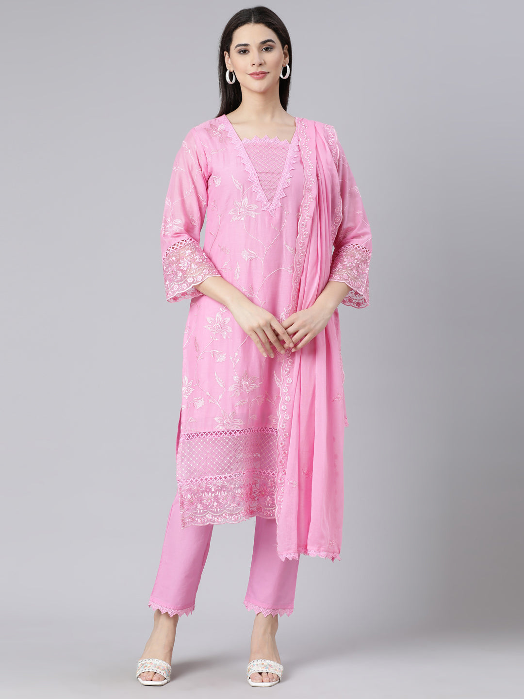 Neerus Pink Panelled Straight Yoke Design Kurta And Trousers With Dupatta