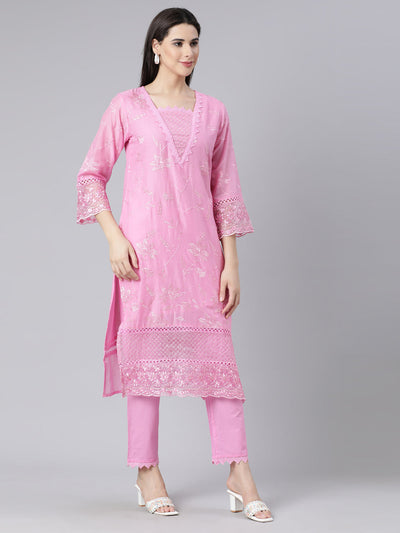 Neerus Pink Panelled Straight Yoke Design Kurta And Trousers With Dupatta