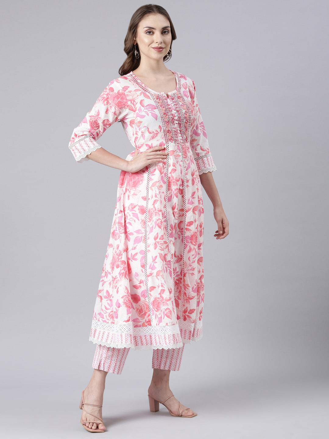 Neerus Pink Panelled Yoke Design Kurta And Trousers With Dupatta