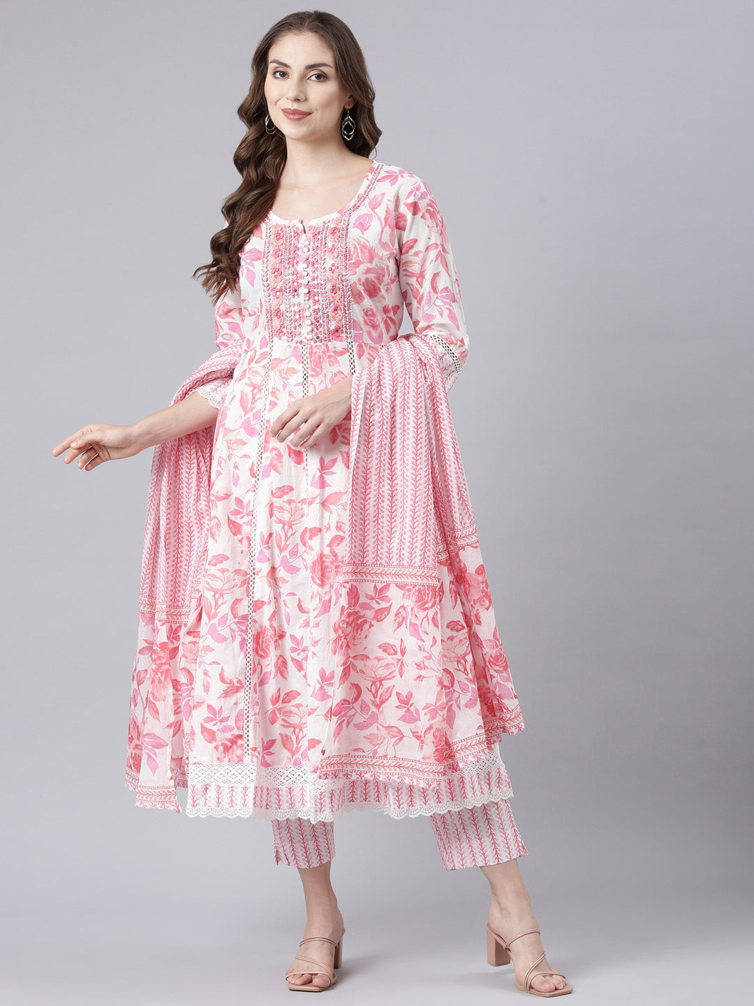 Neerus Pink Panelled Yoke Design Kurta And Trousers With Dupatta