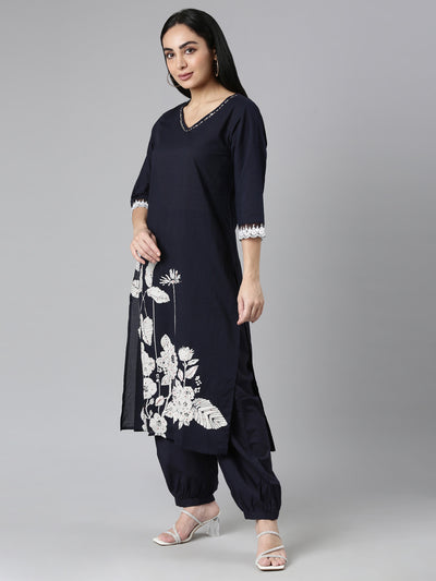 Neerus Navy Blue Regular Straight Solid Kurta and Trousers With Dupatta