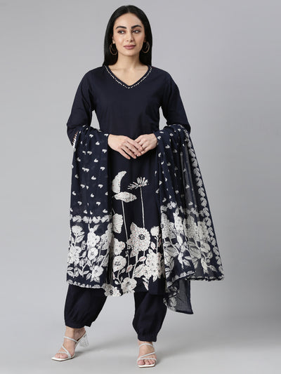 Neerus Navy Blue Regular Straight Solid Kurta and Trousers With Dupatta