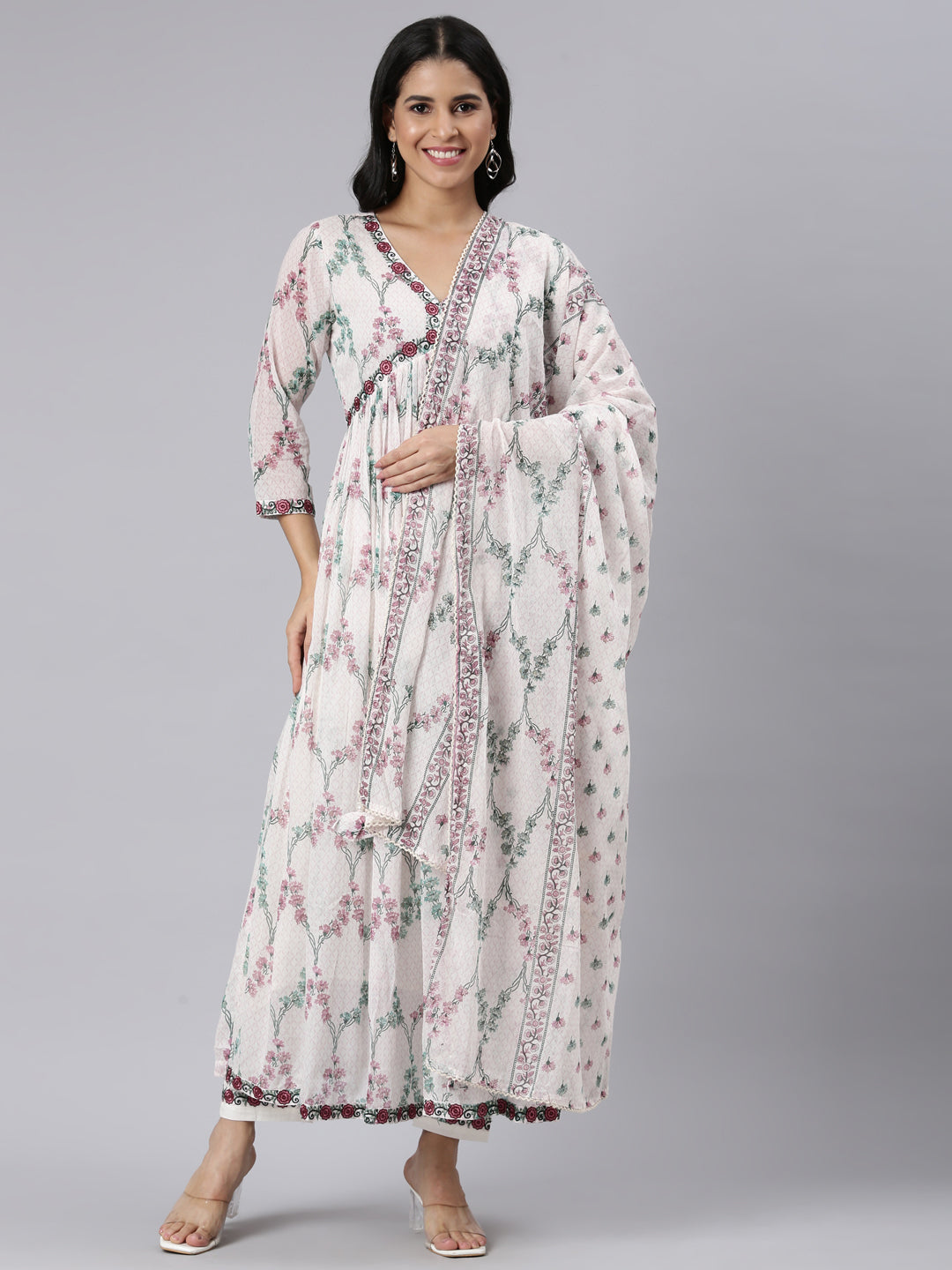 Neerus Off White Pleated Straight Printed Kurta and Palazzos With Dupatta