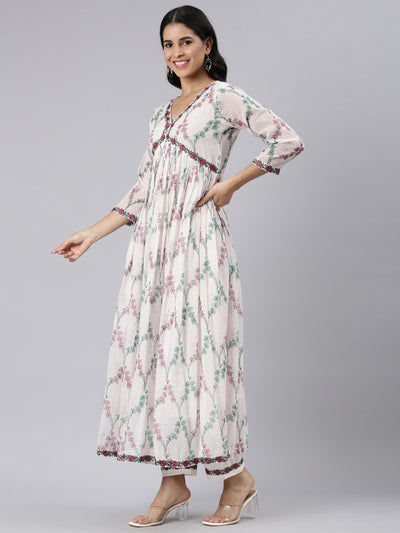 Neerus Off White Pleated Straight Printed Kurta and Palazzos With Dupatta