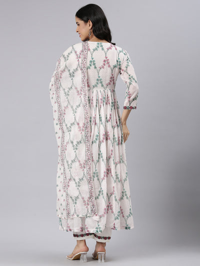 Neerus Off White Pleated Straight Printed Kurta and Palazzos With Dupatta