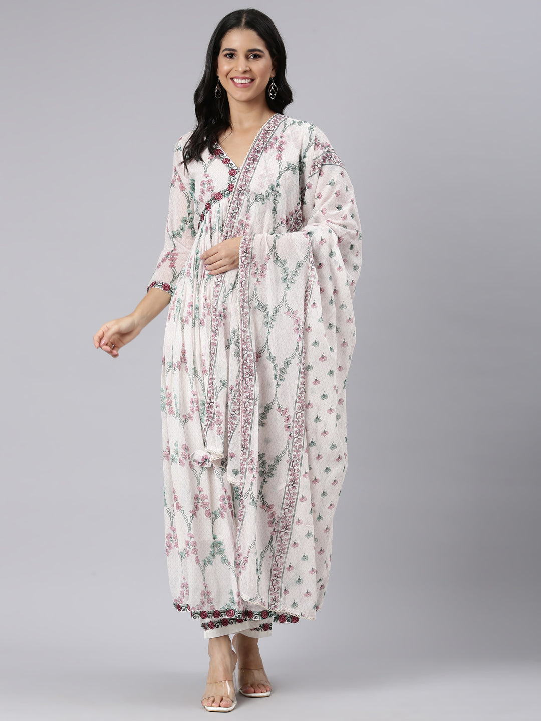 Neerus Off White Pleated Straight Printed Kurta and Palazzos With Dupatta