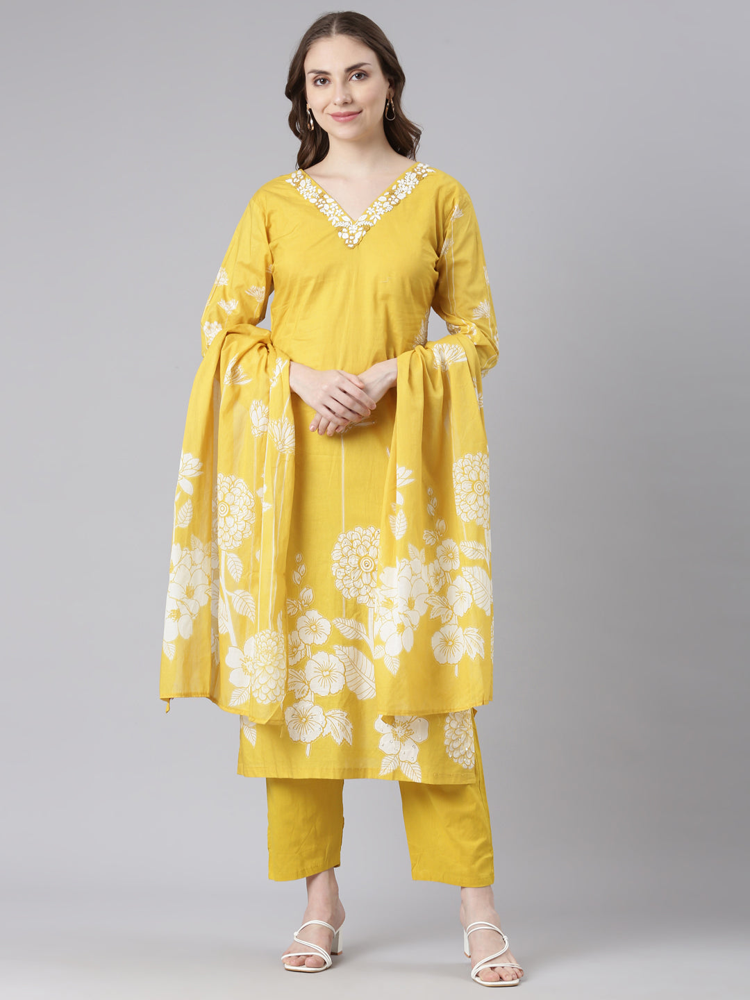 Neerus Yellow Cotton Straight Casual Floral Kurta and Trouser with Dupatta