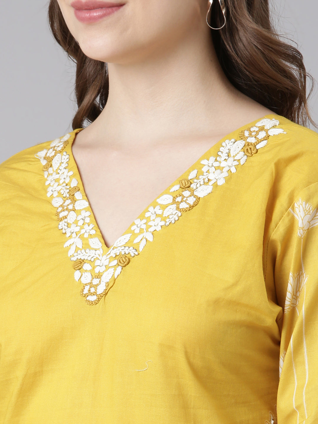 Neerus Yellow Cotton Straight Casual Floral Kurta and Trouser with Dupatta