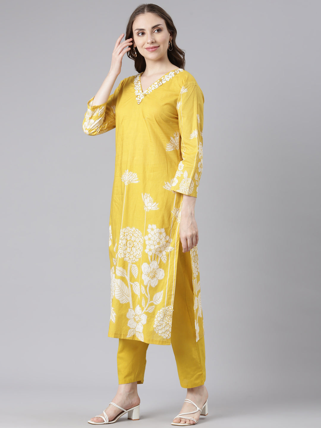 Neerus Yellow Cotton Straight Casual Floral Kurta and Trouser with Dupatta