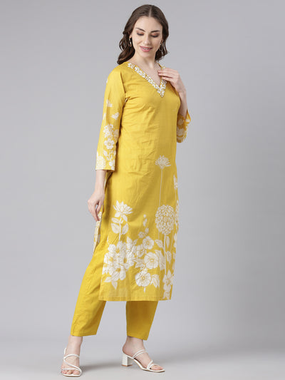 Neerus Yellow Cotton Straight Casual Floral Kurta and Trouser with Dupatta