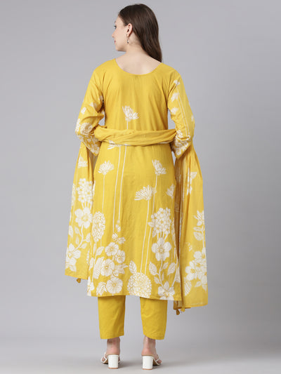 Neerus Yellow Cotton Straight Casual Floral Kurta and Trouser with Dupatta