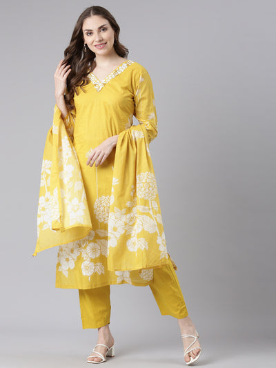 Neerus Yellow Cotton Straight Casual Floral Kurta and Trouser with Dupatta