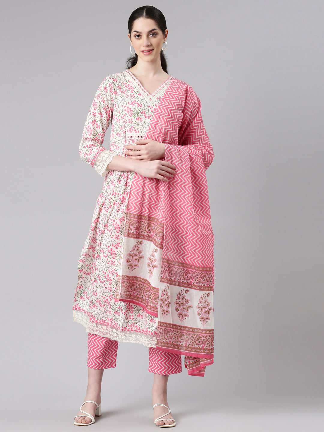 Neerus Women Pink Straight Kurta and Trousers With Dupatta