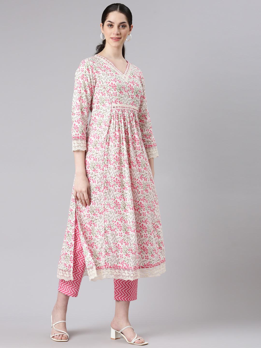 Neerus Women Pink Straight Kurta and Trousers With Dupatta