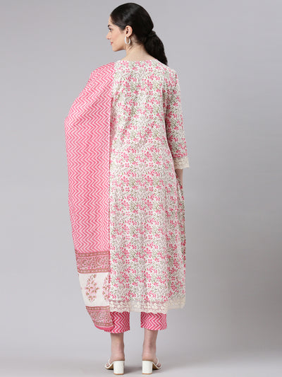 Neerus Women Pink Straight Kurta and Trousers With Dupatta