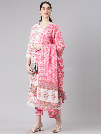 Neerus Women Pink Straight Kurta and Trousers With Dupatta