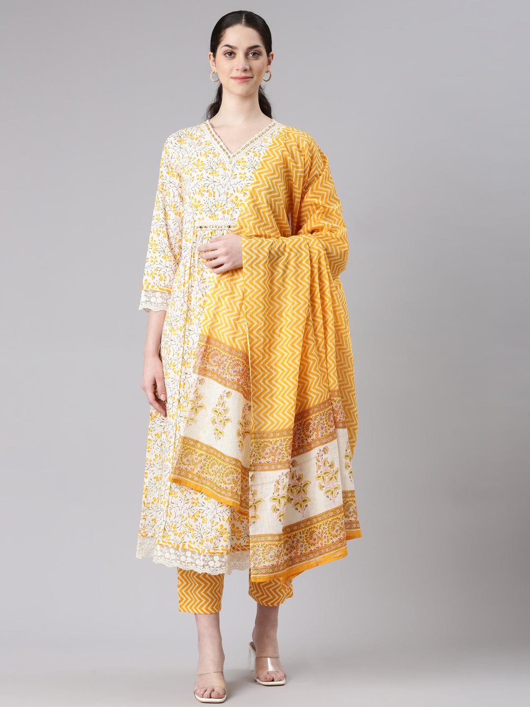 Neerus Women Yellow Straight Kurta and Trousers With Dupatta