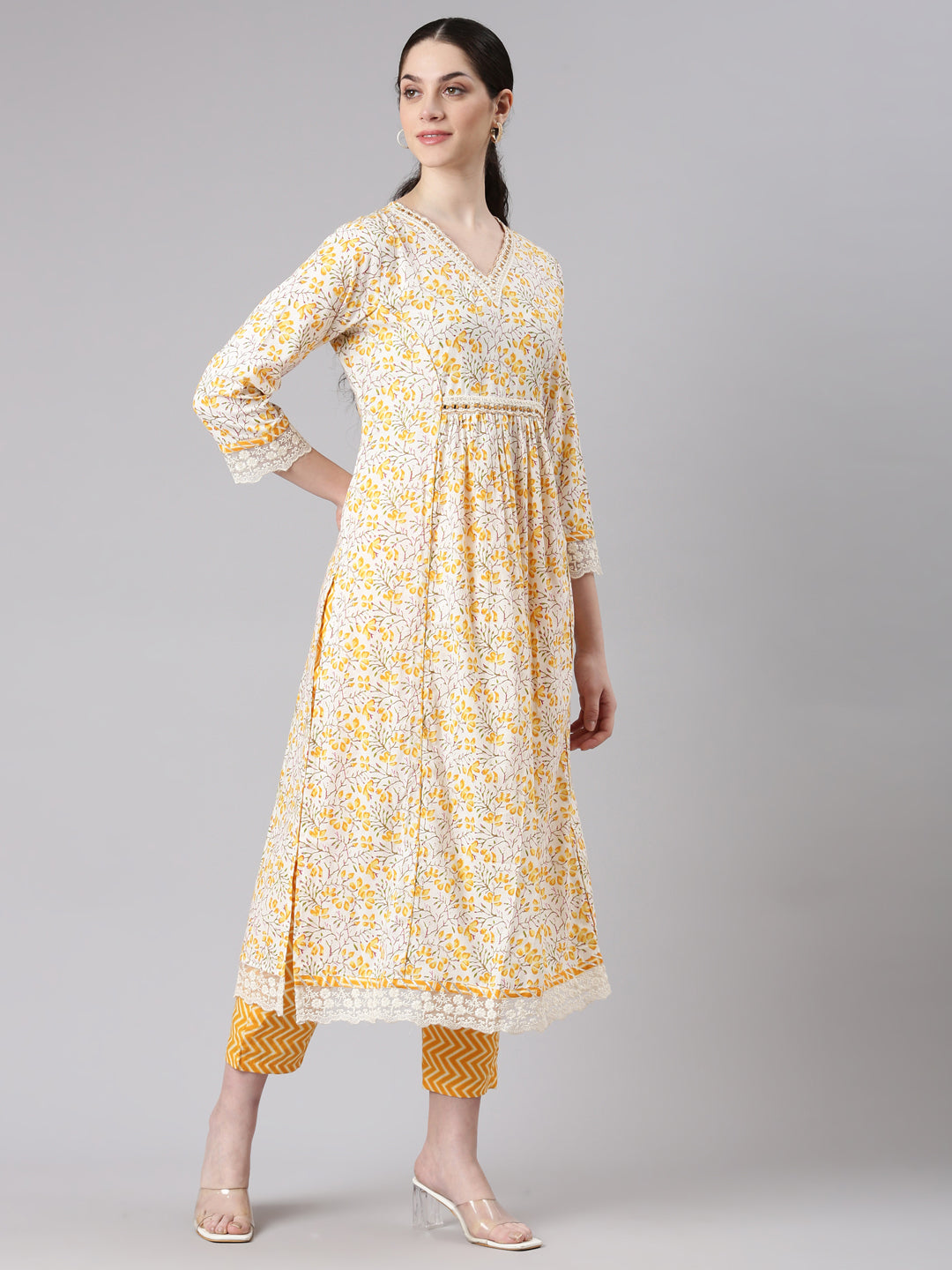 Neerus Women Yellow Straight Kurta and Trousers With Dupatta