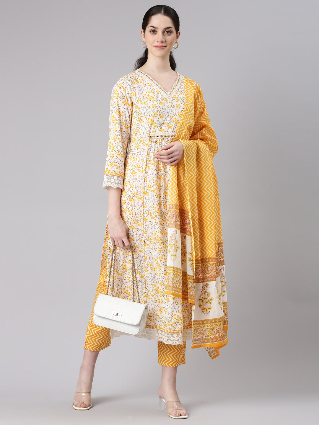 Neerus Women Yellow Straight Kurta and Trousers With Dupatta