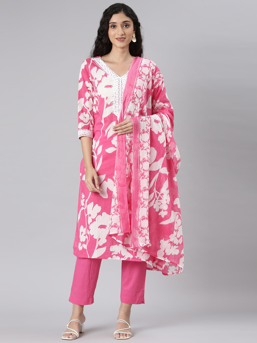 Neerus Pink Straight Casual Floral Kurta and Trouser with Dupatta