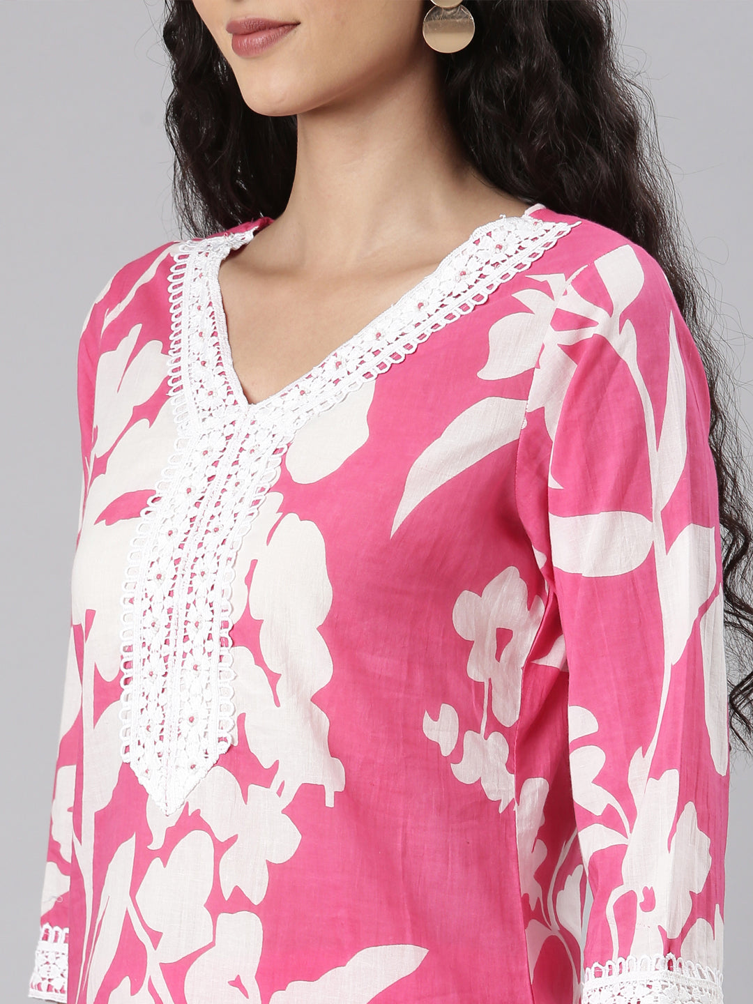 Neerus Pink Straight Casual Floral Kurta and Trouser with Dupatta