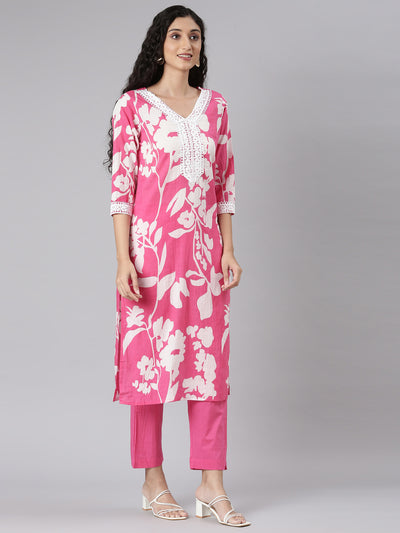 Neerus Pink Straight Casual Floral Kurta and Trouser with Dupatta