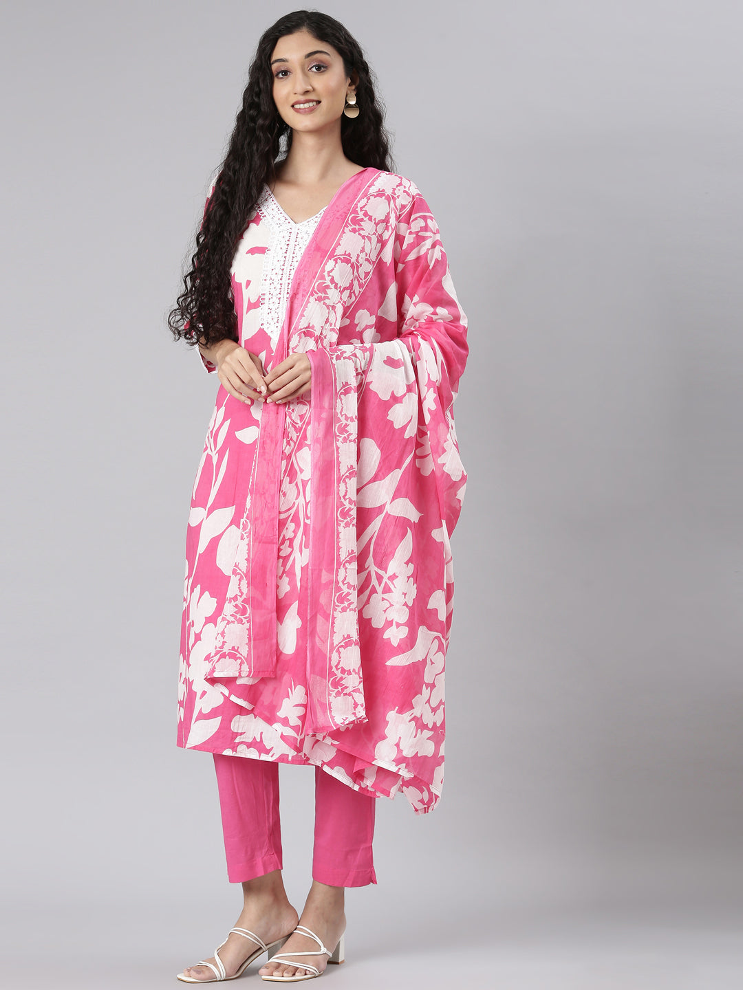 Neerus Pink Straight Casual Floral Kurta and Trouser with Dupatta