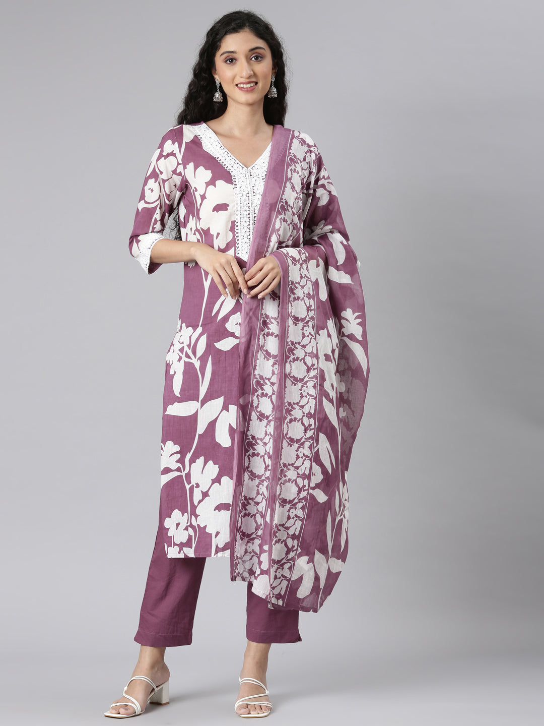 Neerus Purple Straight Casual Floral Kurta and Trouser with Dupatta