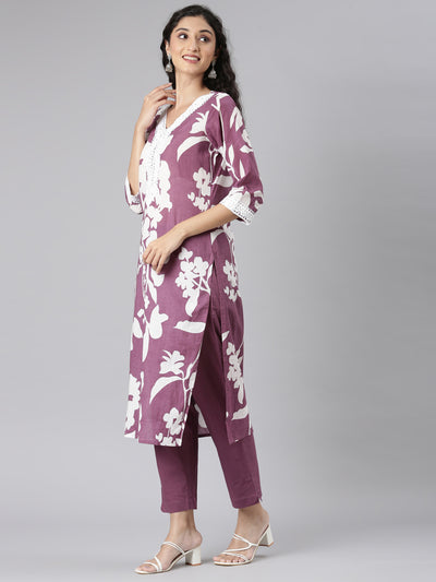 Neerus Purple Straight Casual Floral Kurta and Trouser with Dupatta