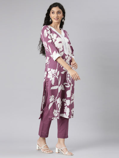 Neerus Purple Straight Casual Floral Kurta and Trouser with Dupatta