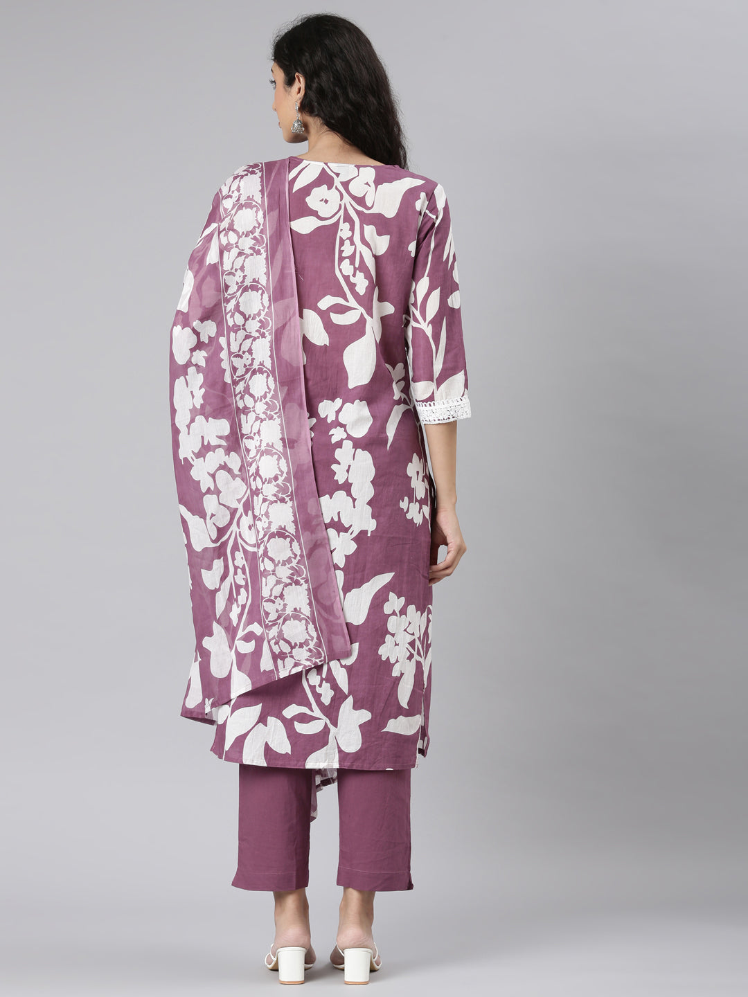 Neerus Purple Straight Casual Floral Kurta and Trouser with Dupatta