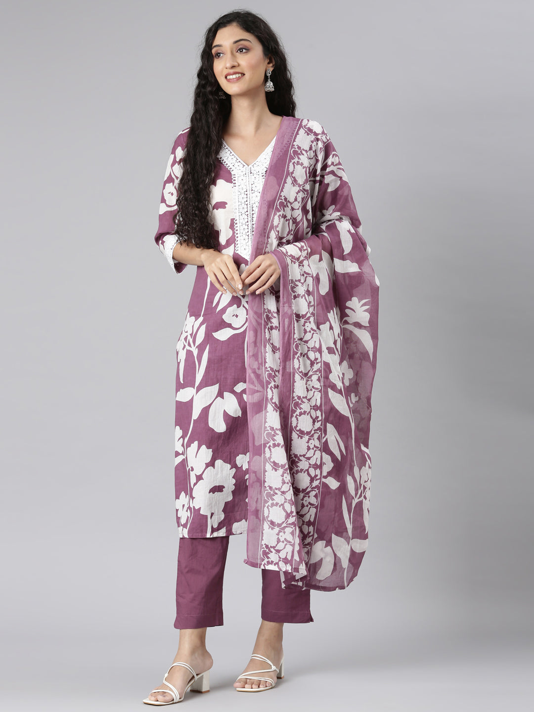 Neerus Purple Straight Casual Floral Kurta and Trouser with Dupatta