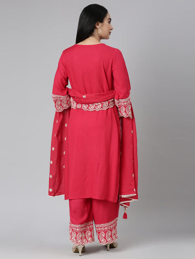 Neerus Red Tiered Straight Yoke Design Kurta and Palazzos With Dupatta