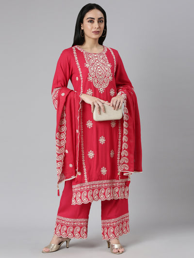 Neerus Red Tiered Straight Yoke Design Kurta and Palazzos With Dupatta